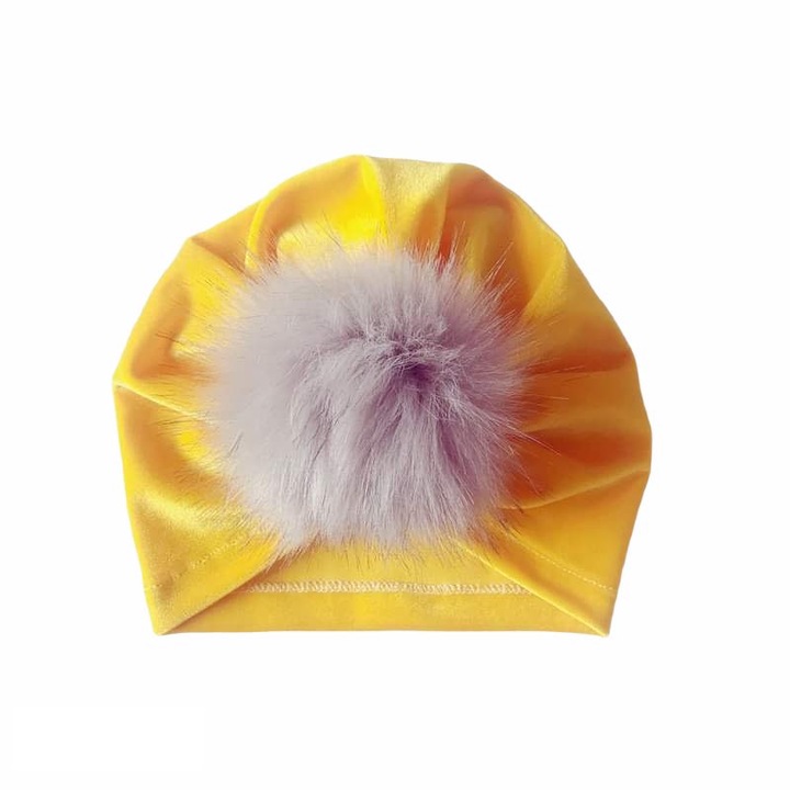 Turban bebelusi din catifea cu pampon, drool, galben, 0-2 ani
