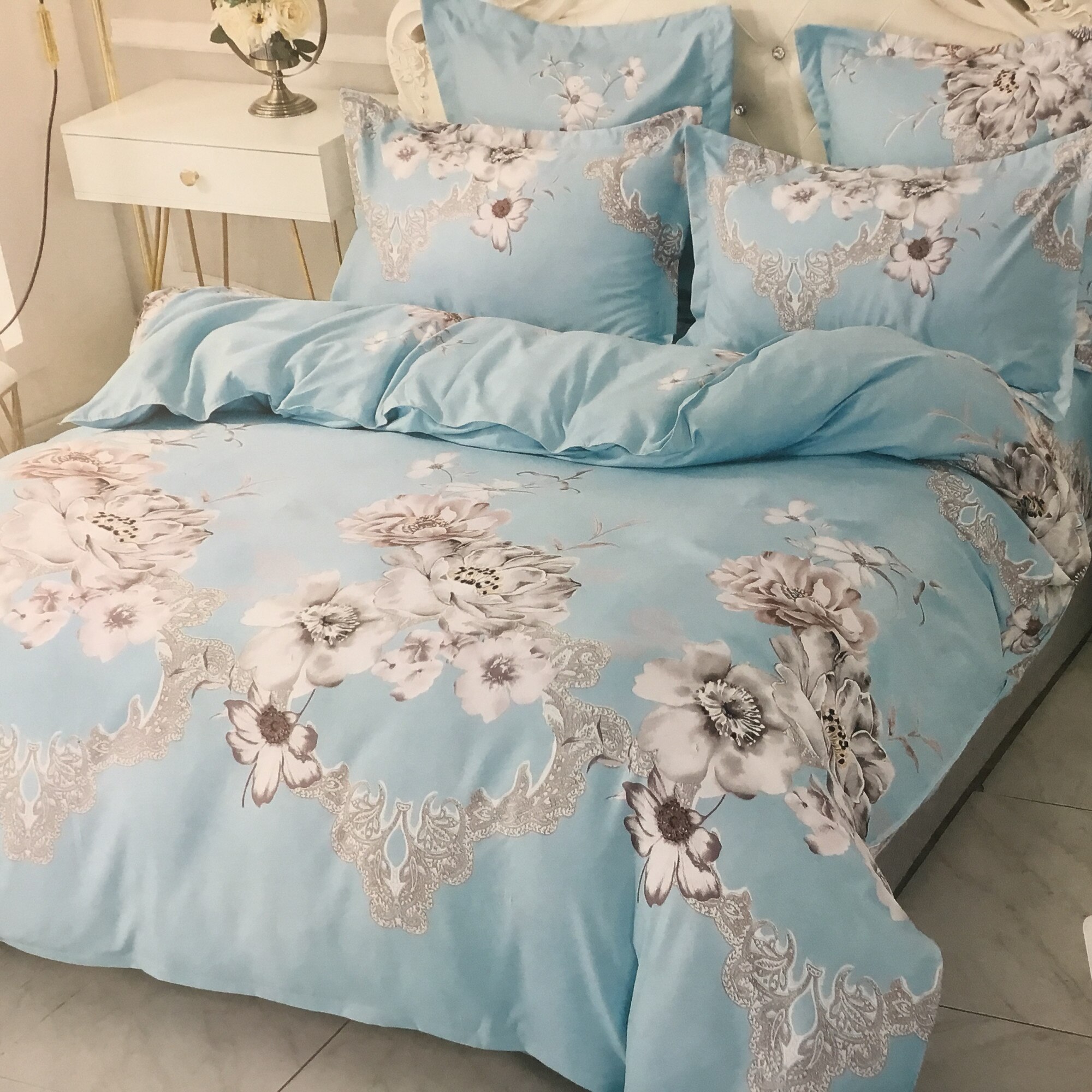 Set Lenjerie pat bumbac finet, pat 2 persoane, 6 piese, Verde Turcoaz Floral