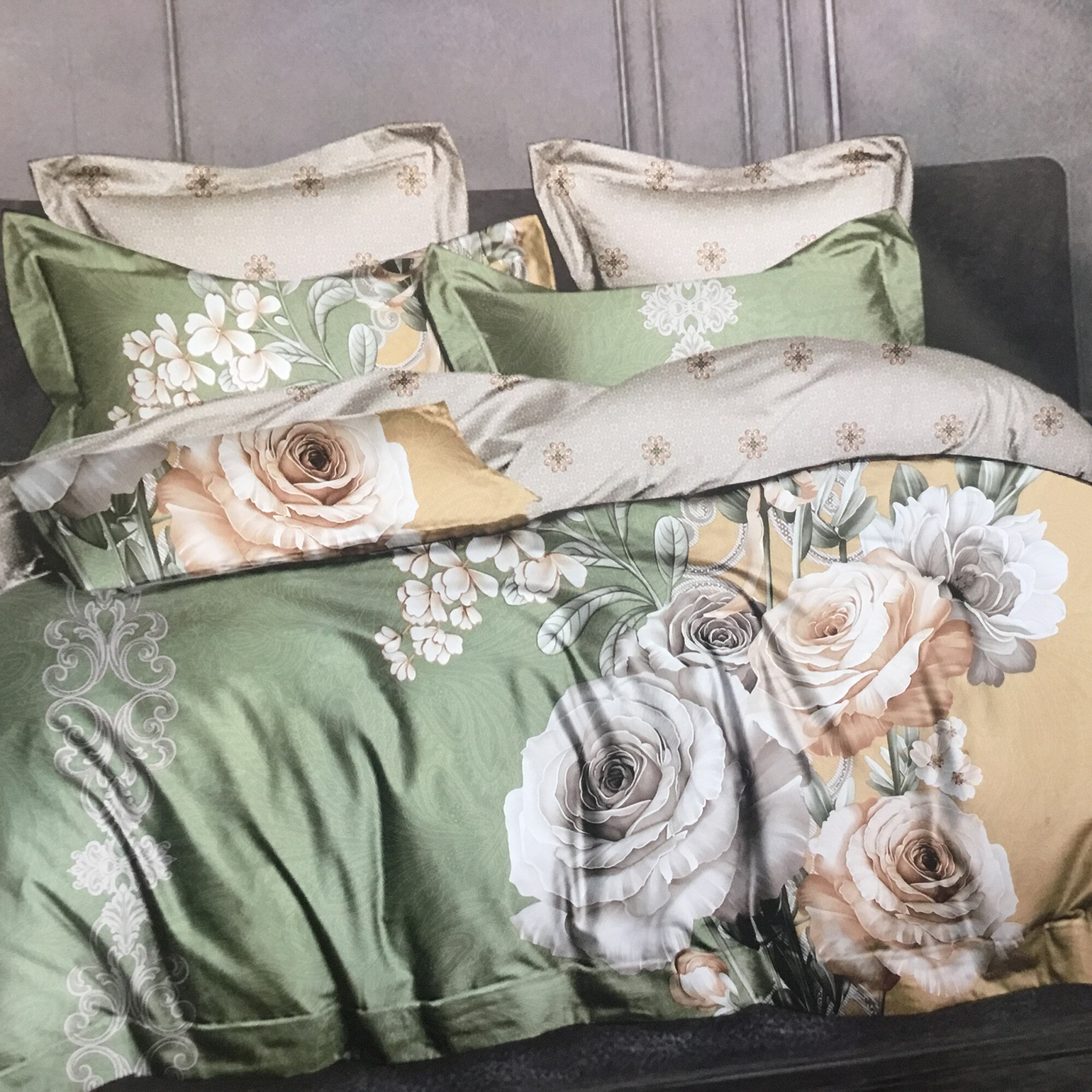 Set Lenjerie pat bumbac finet, 2 persoane, 6 piese, culoare Cream Roses