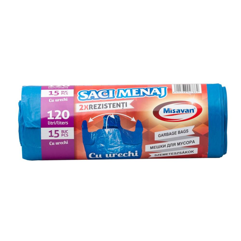 Rola 15 Saci Menajeri cu Urechi pentru Colectare Selectiva Misavan, 120 l, Albastri