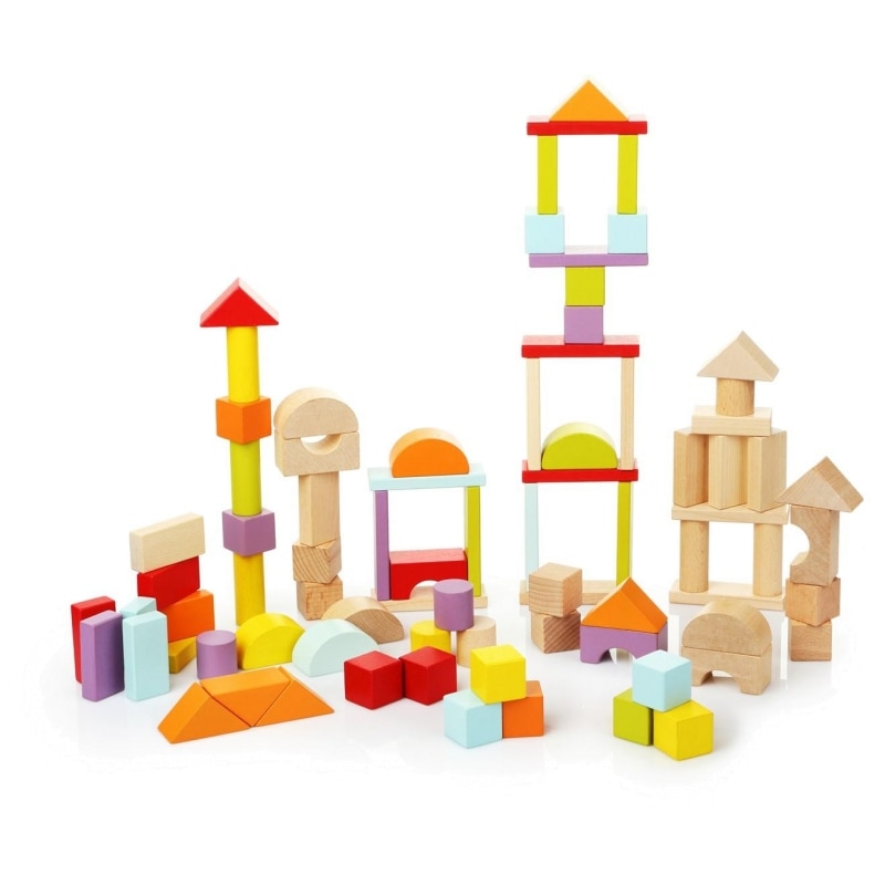 Set de constructii Imaginarium Kids Construction Kit cu 80 de piese din lemn cu 8 forme si culori diferite