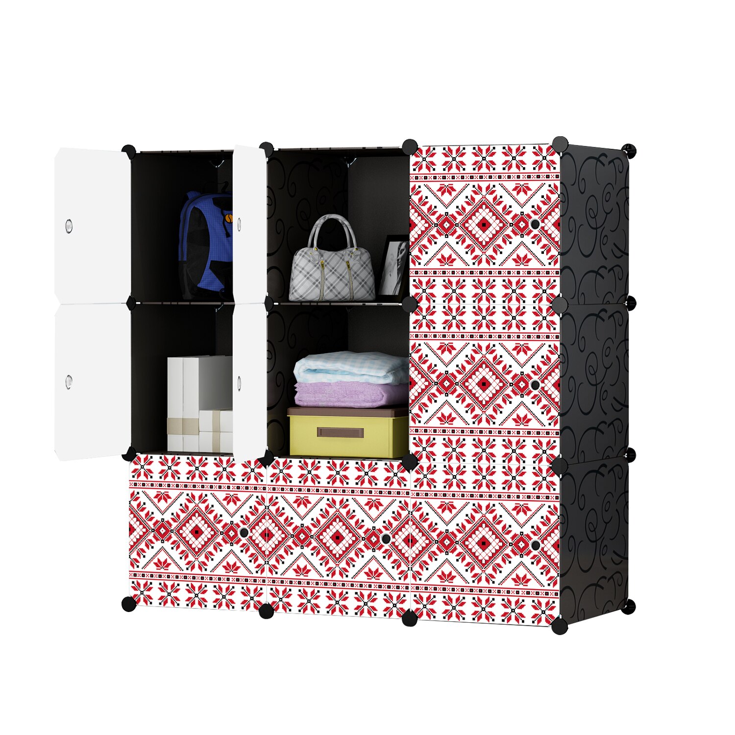 Dulap modular din plastic cu schelet metalic, imprimeu traditional, Naimeed D3424N, culoare Negru, 111x111x37 cm