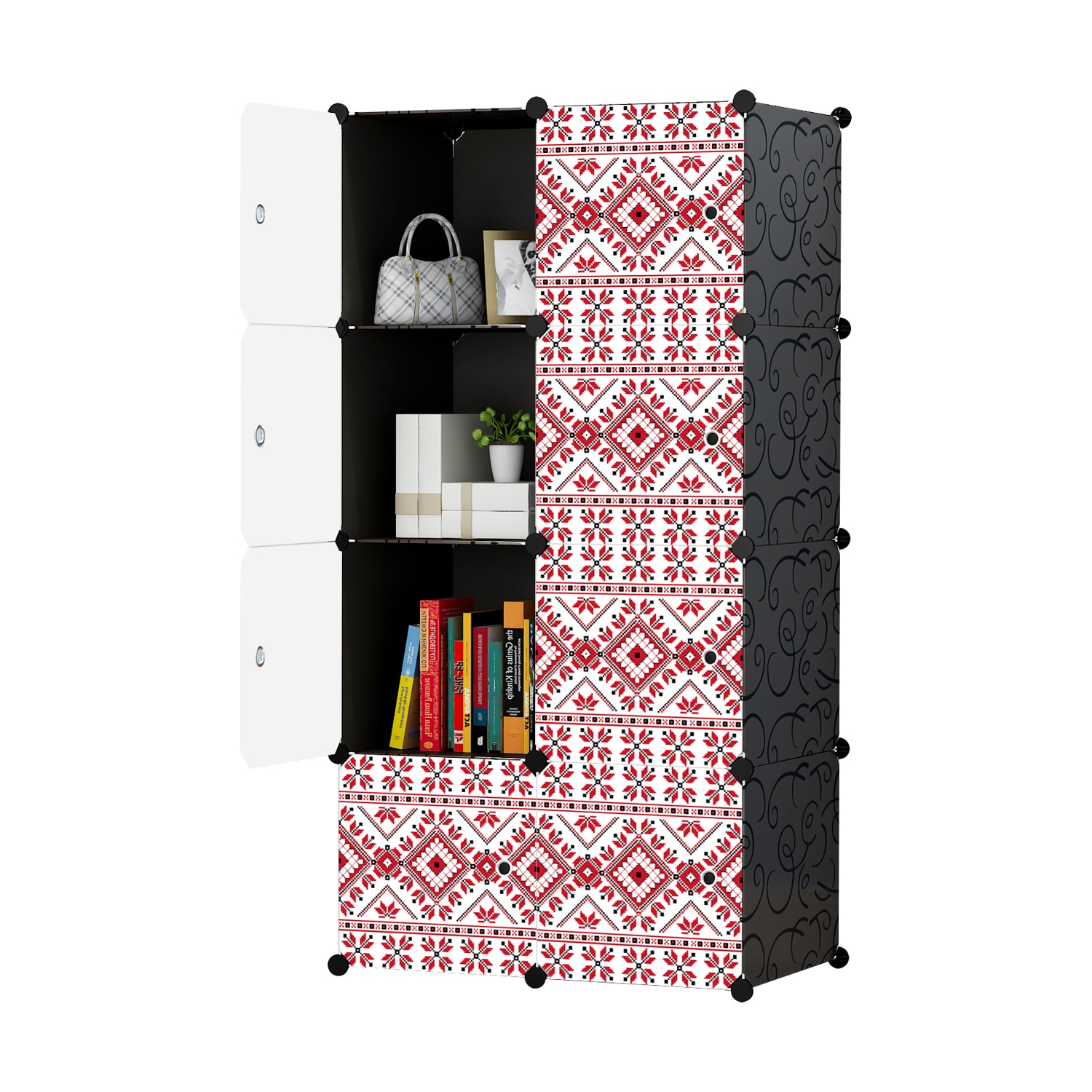 Dulap modular din plastic cu schelet metalic, imprimeu traditional, Naimeed D3423N, culoare Negru, 148x75x37 cm