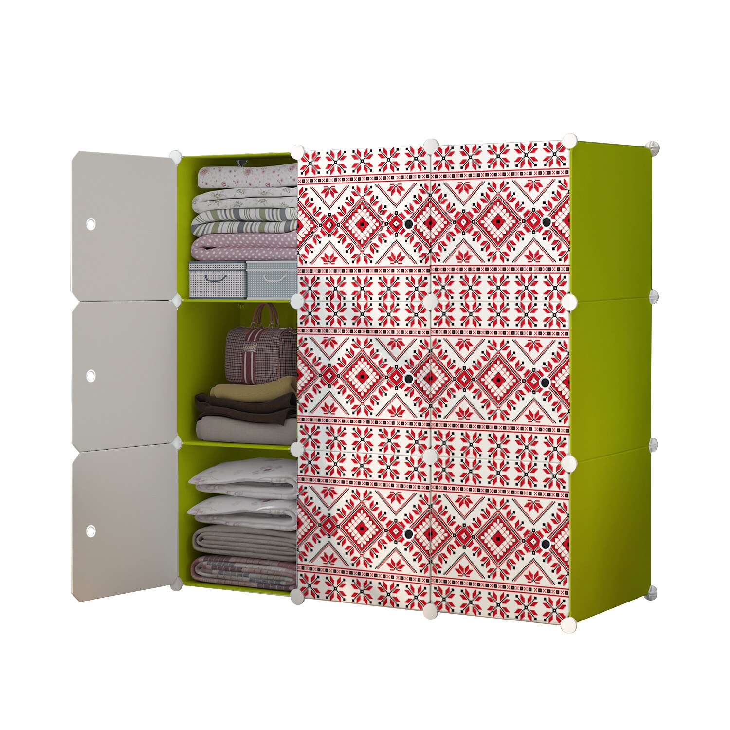 Dulap modular din plastic cu schelet metalic, imprimeu traditional, Naimeed D3424G, culoare Verde, 111x111x37 cm