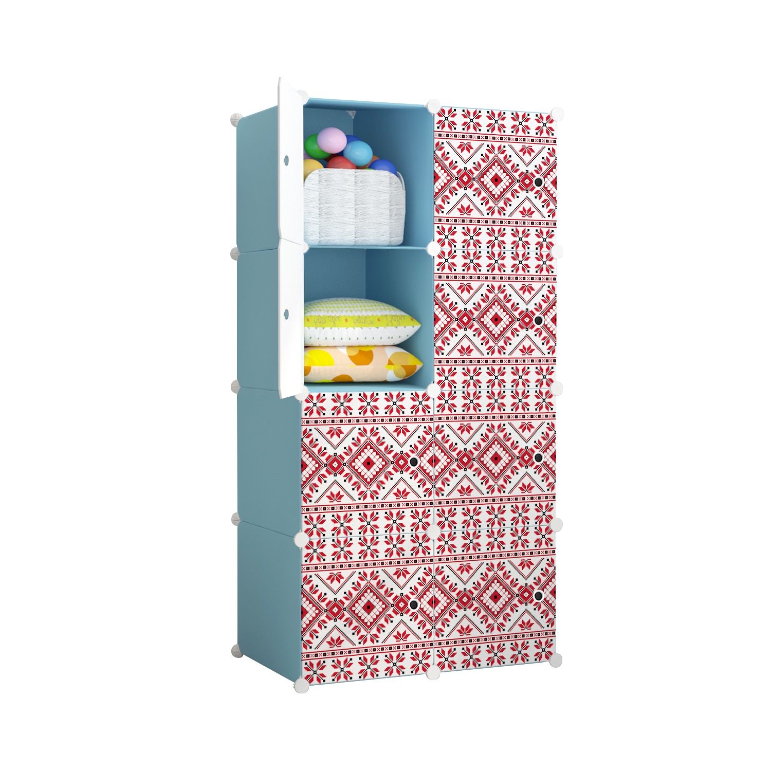 Dulap modular din plastic cu schelet metalic, imprimeu traditional, Naimeed D3423B, culoare Albastru, 148x75x37 cm