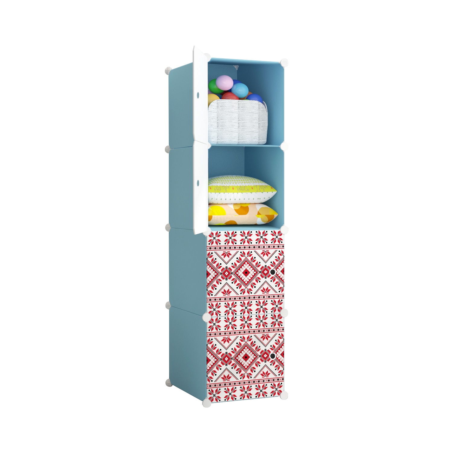 Dulap modular din plastic cu schelet metalic, imprimeu traditional, Naimeed D3420B, culoare Albastru, 148x37x37 cm