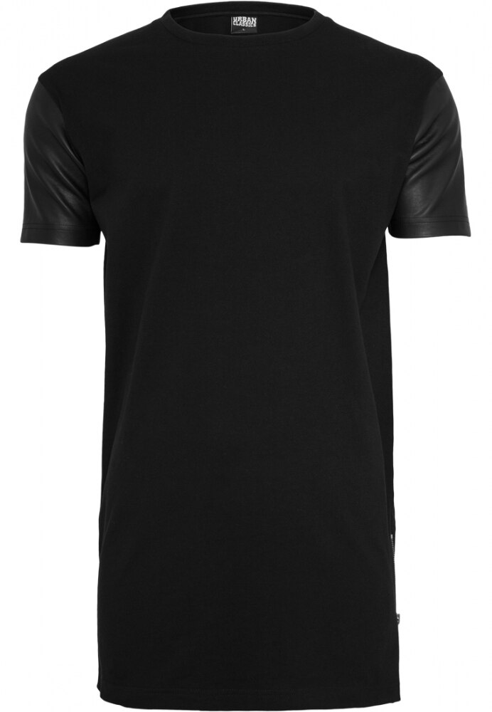 Tricou lung cu maneci piele ecologica Urban Classics, Negru-negru, M