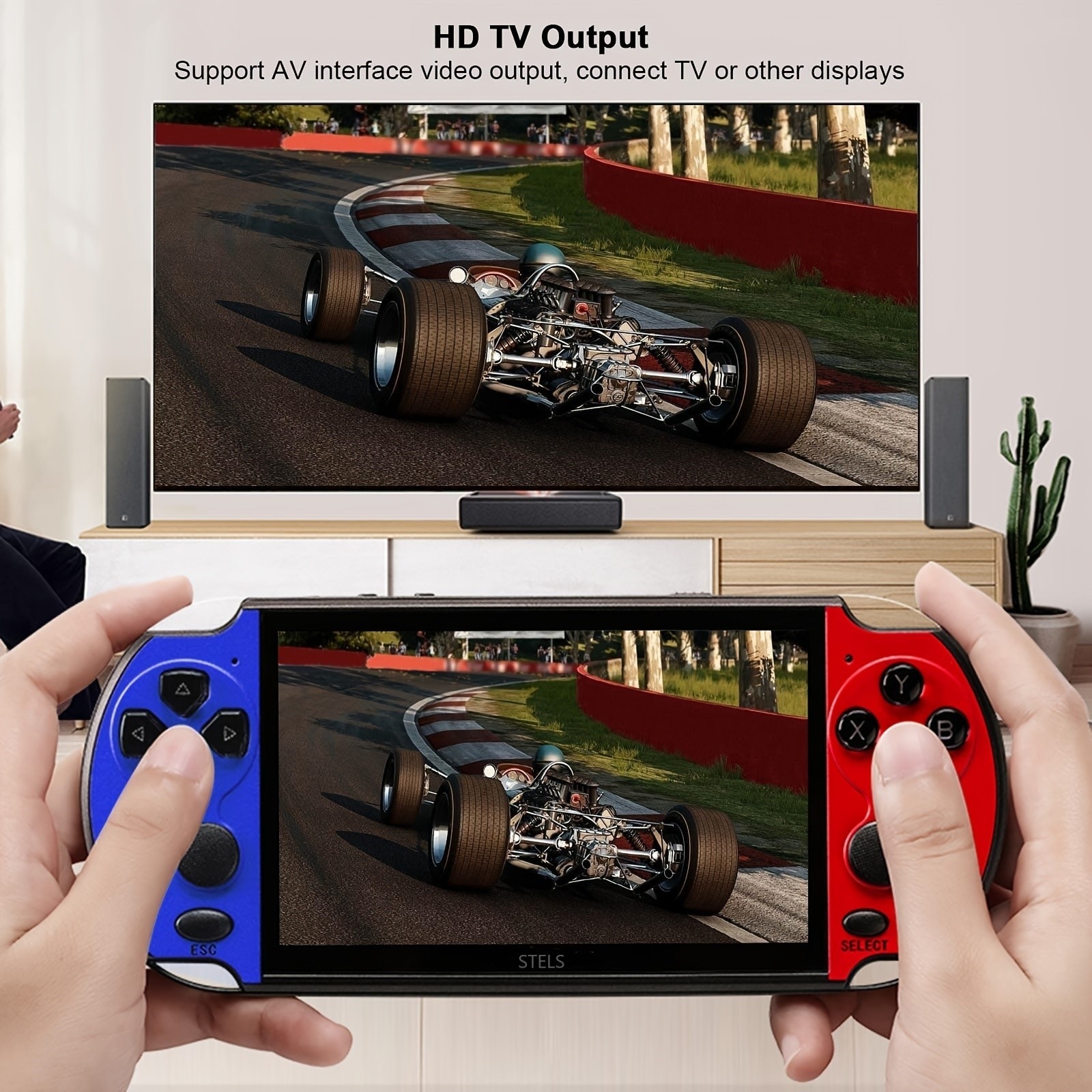Joc portabil, STELS, X12 Pro, Tehnologie inteligenta, Ecran color de 5.1 inchi, Iesire TV, 64 GB, 10.000 de jocuri, Rosu/Albastru