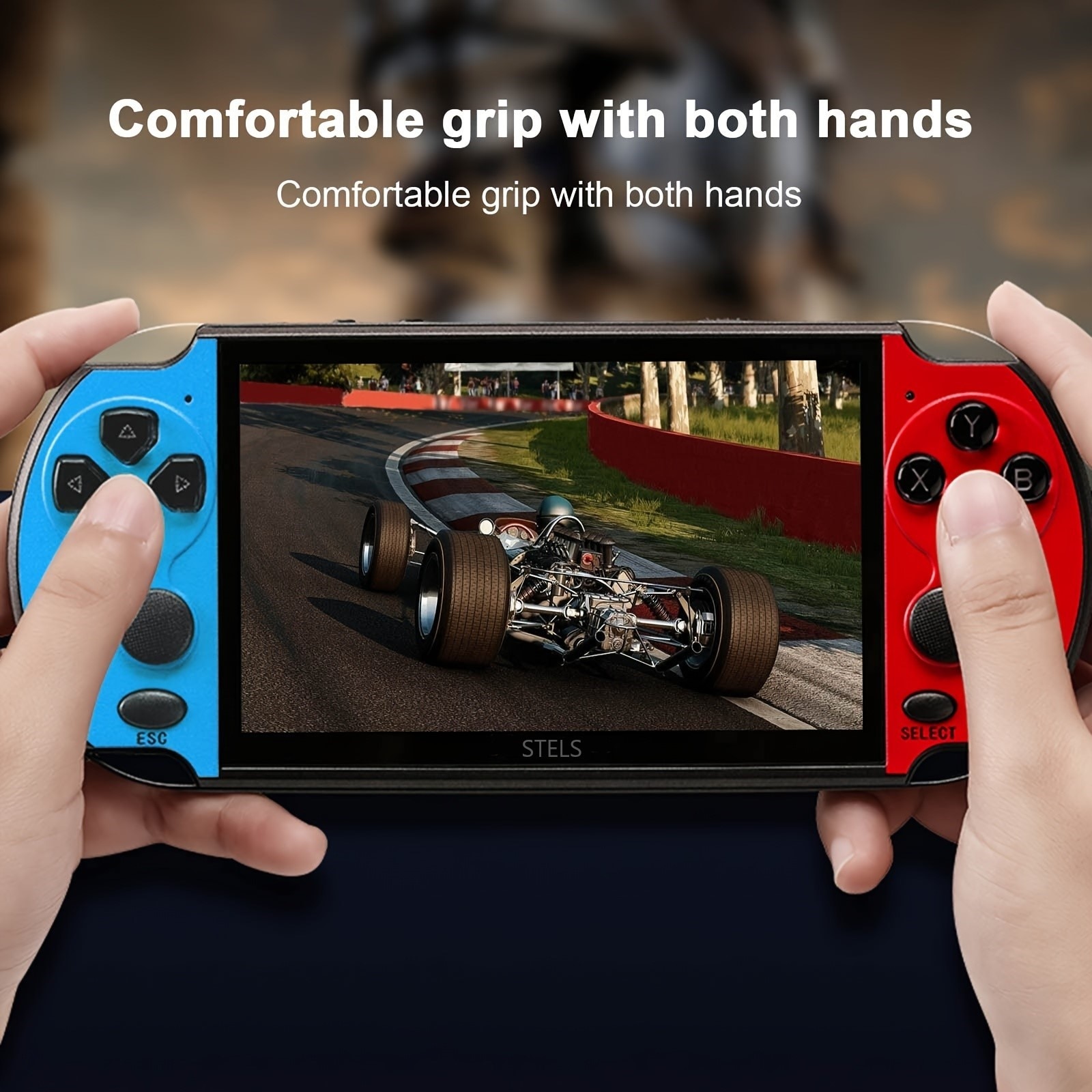 Joc portabil, STELS, X12 Pro, Tehnologie inteligenta, Ecran color de 5.1 inchi, Iesire TV, 64 GB, 10.000 de jocuri, Rosu/Albastru