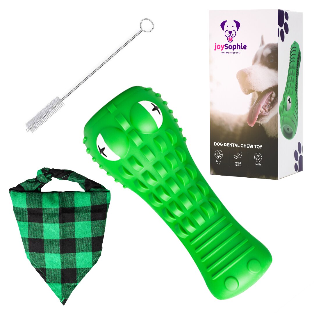 Jucarie de ros pentru caini, Joysophie, durabila, model aligator, verde, cauciuc natural, 7x7x17 cm