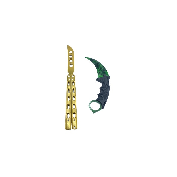 Set format din Butterfly Gold si Karambit Gamma Doppler, verde , fara tais, de antrenament cu huse incluse