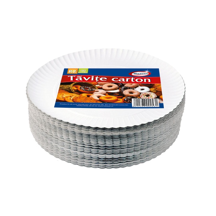 Set 100 Tavite din Carton R2 Misavan, Diametru 26 cm, Albe - 9097