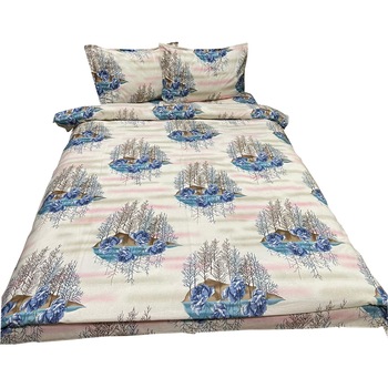 Set lenjerie pat dublu, bleu/alba, pentru saltea intre 160-180cm,  Set lenjerie pat dublu, bleu/alba, pentru saltea intre 160-180cm,