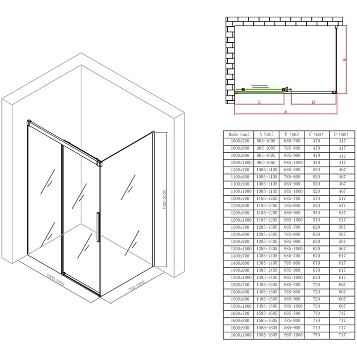 Кабина Ego 12, черен мат, 90 x 140 см, 6 мм безопасно стъкло, фиксирана стена, плъзгаща се врата, без вана, Easy Clean