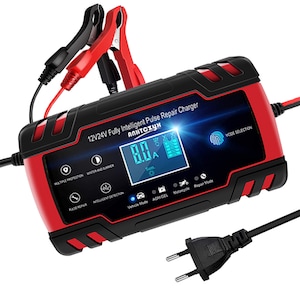 Redresor smart acumulatori auto - moto, masina, sundiguer®, 12V/8A, 24V / 4A, viteza maxima incarcare, Reglarea tensiunii, functie de reparare acumulator prin impulsuri, Ecran tactil, LCD, Rosu/Negru