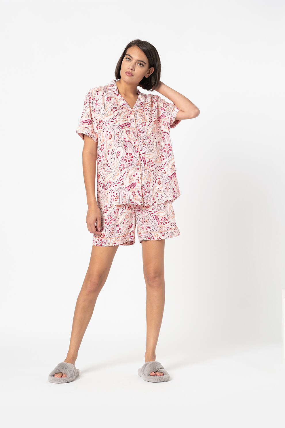 ESPRIT Bodywear, Pijama scurta cu imprimeu paisley, Roz pal/roz somon/roz zmeuriu