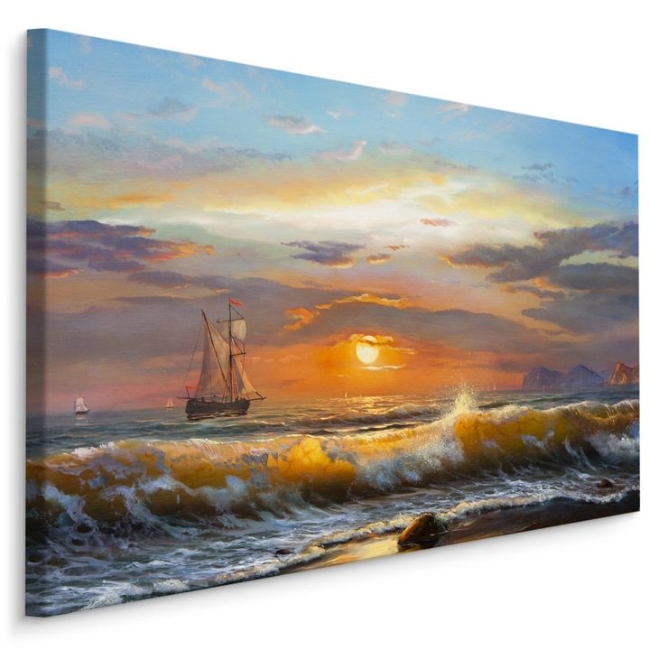 Nagy festmény nappali strand hullámok nap 120cm x 80cm Horizont, Táj, 3D hatás