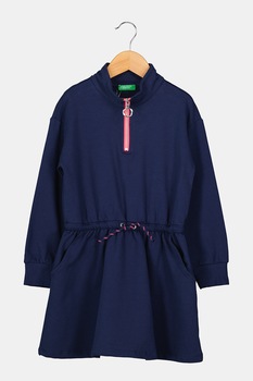 United Colors of Benetton, Rochie evazata cu snur in talie, Bleumarin, 140 CM United Colors of Benetton, Rochie evazata cu snur in talie, Bleumarin, 140 CM