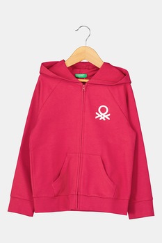 United Colors of Benetton, Hanorac cu fermoar si broderie logo, 160 CM, Fucsia United Colors of Benetton, Hanorac cu fermoar si broderie logo, 160 CM, Fucsia