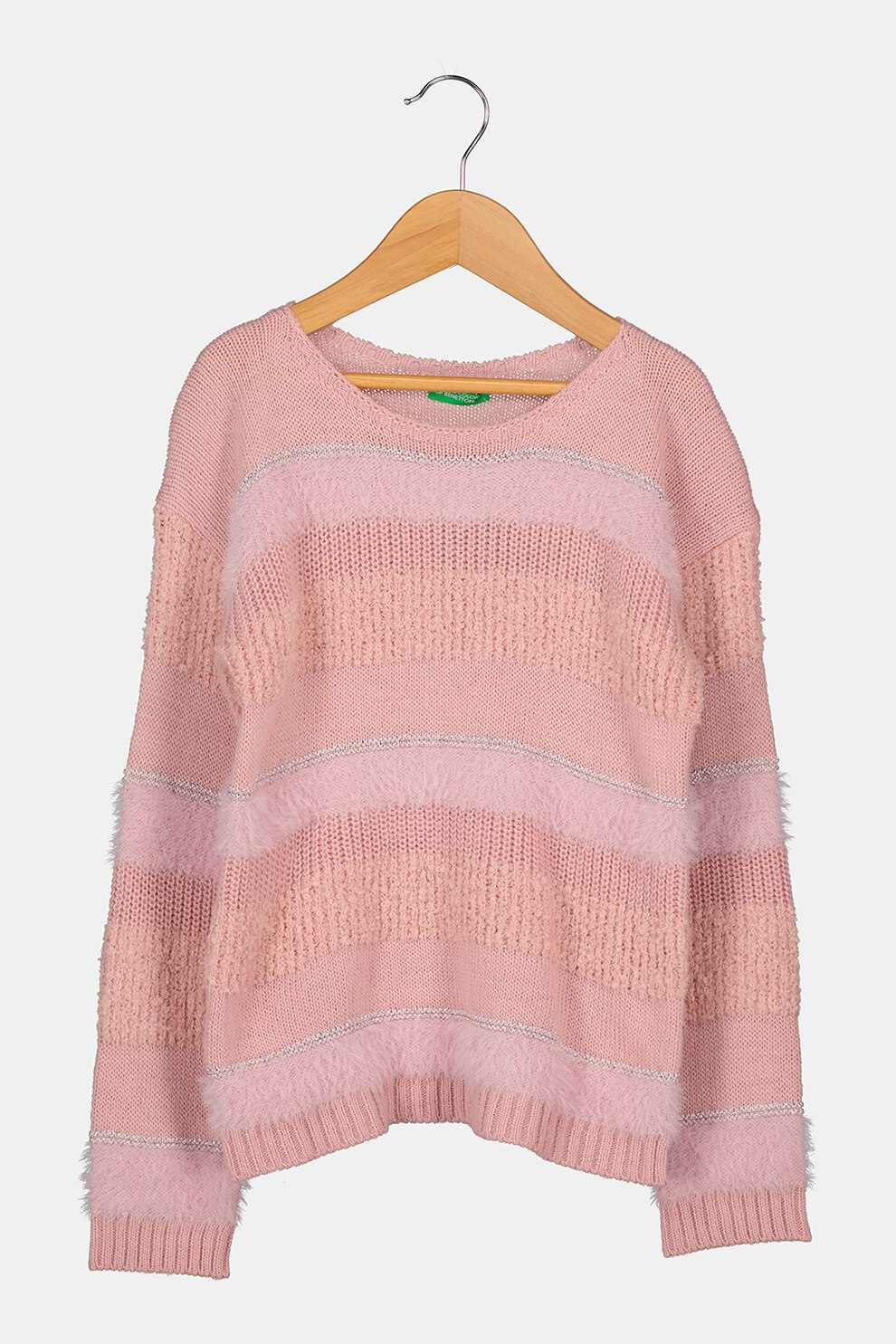 United Colors of Benetton, Pulover cu decolteu la baza gatului si garnituri pufoase, Roz prafuit