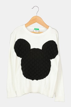 United Colors of Benetton, Pulover tricotat fin cu model Mickey Mouse, Alb/Negru United Colors of Benetton, Pulover tricotat fin cu model Mickey Mouse, Alb/Negru