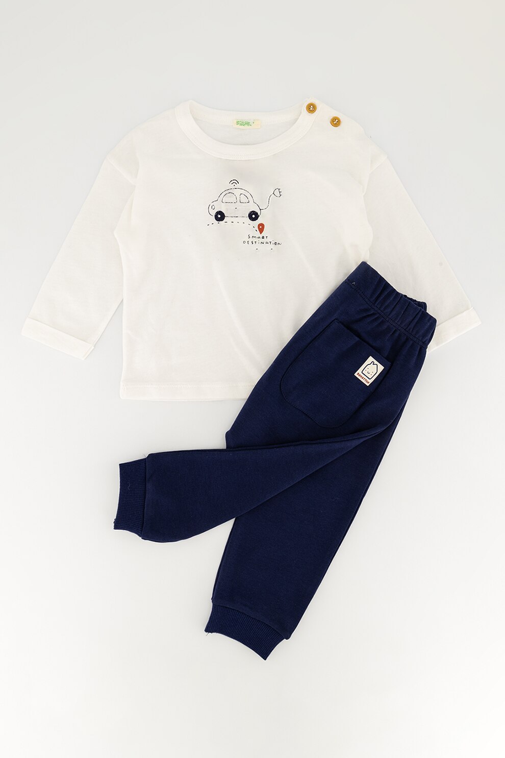 United Colors of Benetton, Set de bluza de bumbac organic si pantaloni, Alb/Bleumarin, 74 CM