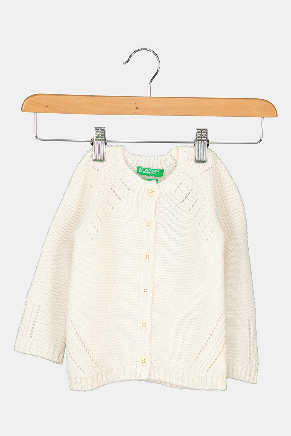 United Colors of Benetton, Cardigan din amestec de lana cu detalii pointelle, Alb prafuit