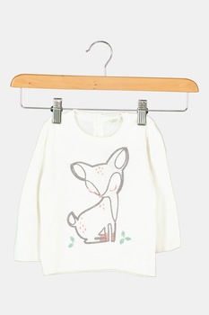 United Colors of Benetton, Pulover cu decolteu la baza gatului si text brodat pe piept, Alb/Gri United Colors of Benetton, Pulover cu decolteu la baza gatului si text brodat pe piept, Alb/Gri