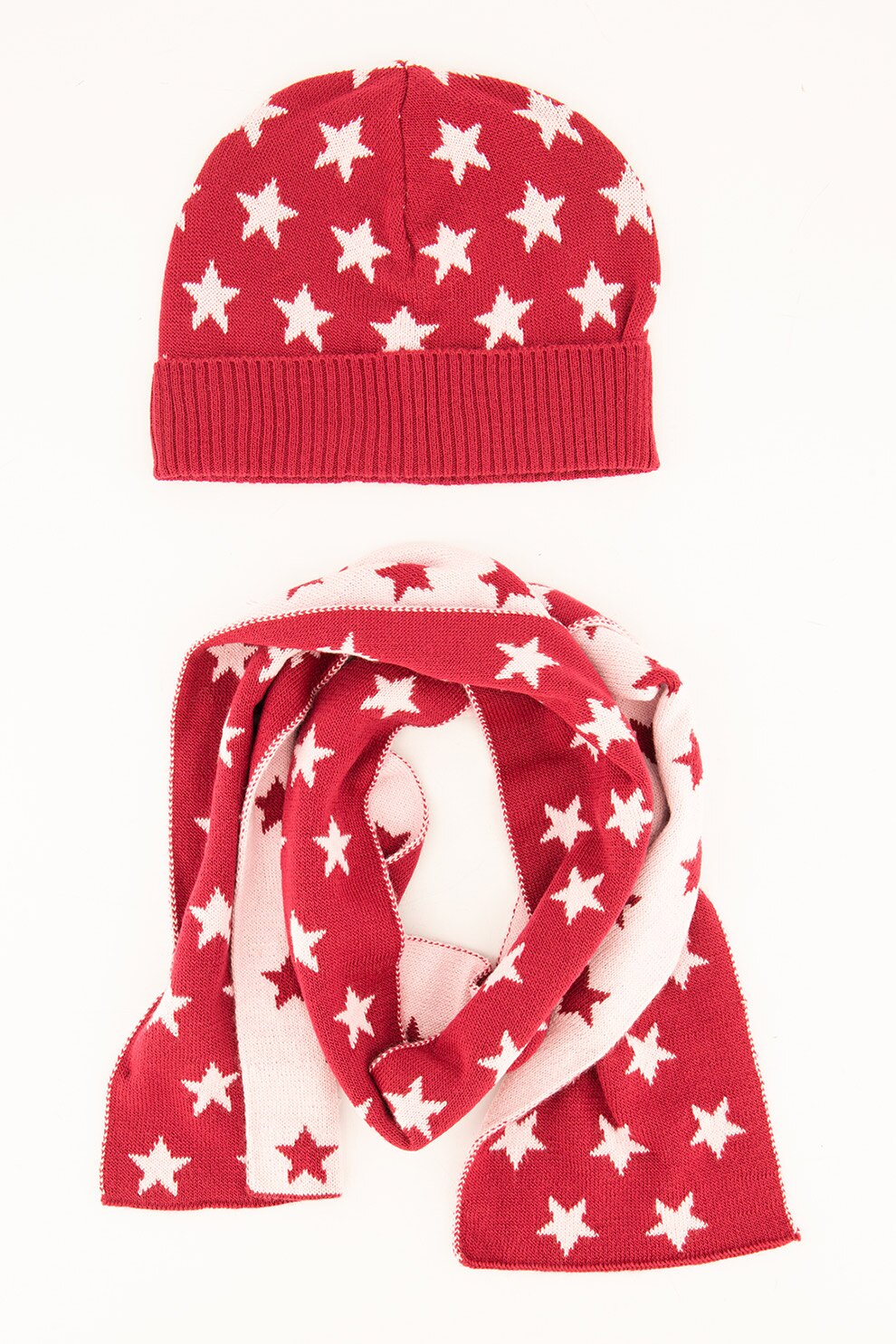 United Colors of Benetton, Set de fular si caciula cu imprimeu cu stele, Roz pal/Roz zmeuriu, 9-12M Standard