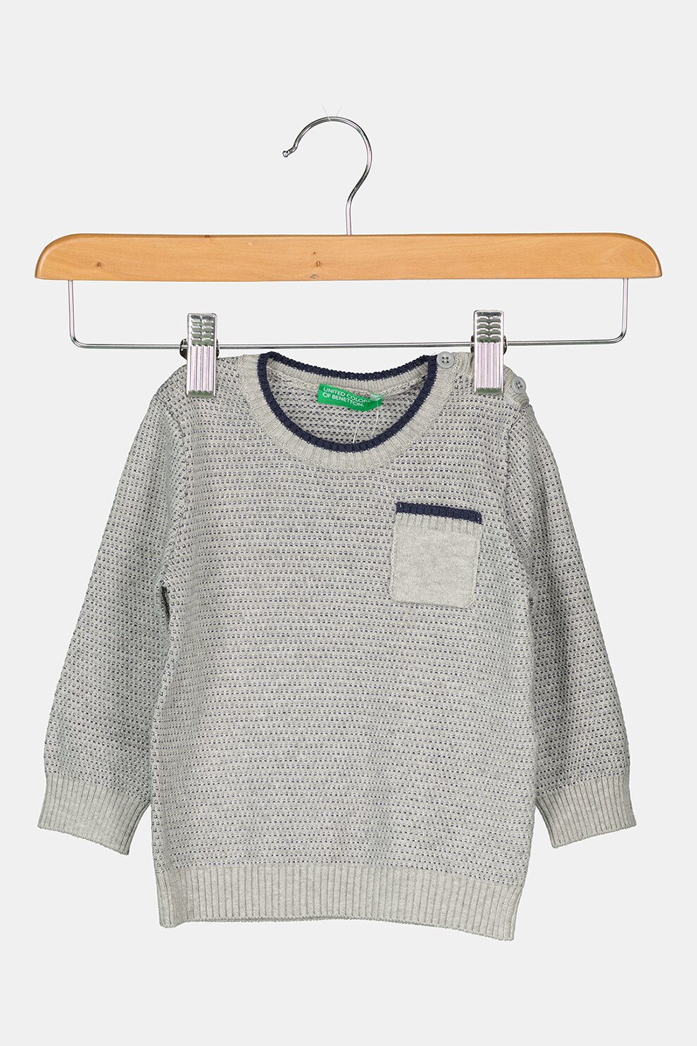 United Colors of Benetton, Pulover texturat din amestec de lana cu buzunar pe piept, Gri melange