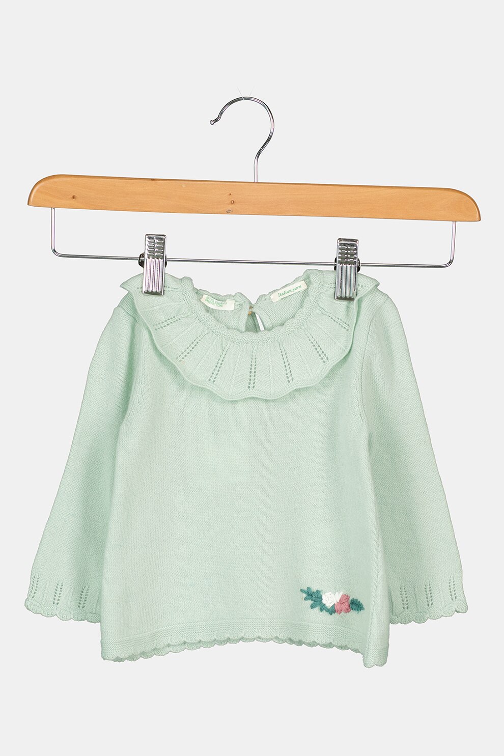 United Colors of Benetton, Pulover din amestec de lana cu guler cu volane, Verde menta