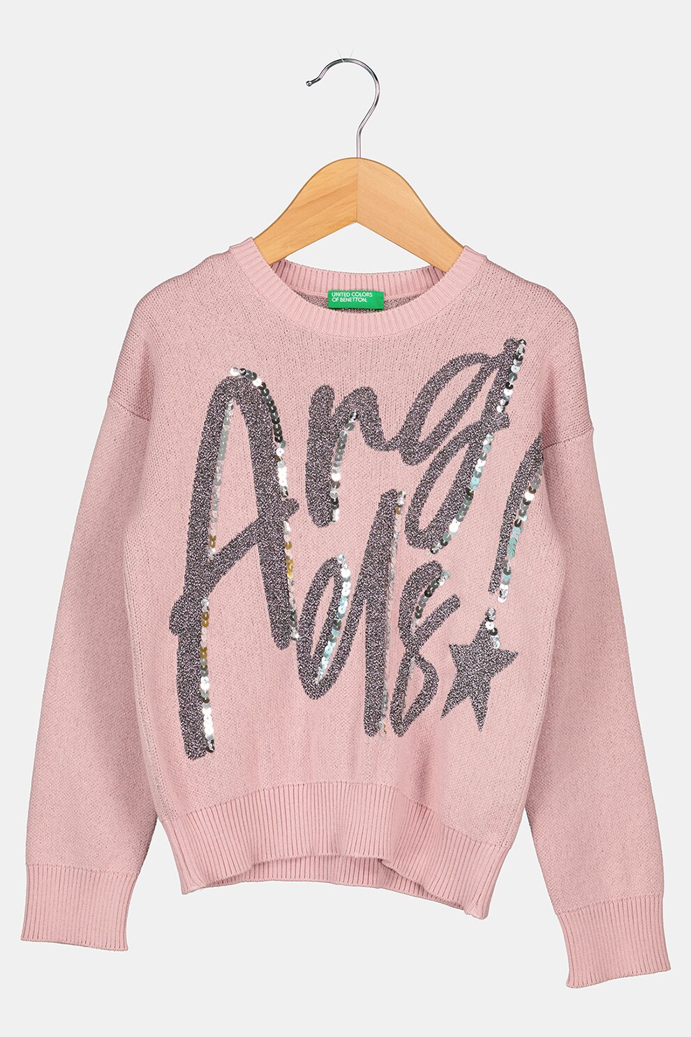 United Colors of Benetton, Pulover tricotat fin cu decolteu la baza gatului, Roz prafuit/Argintiu