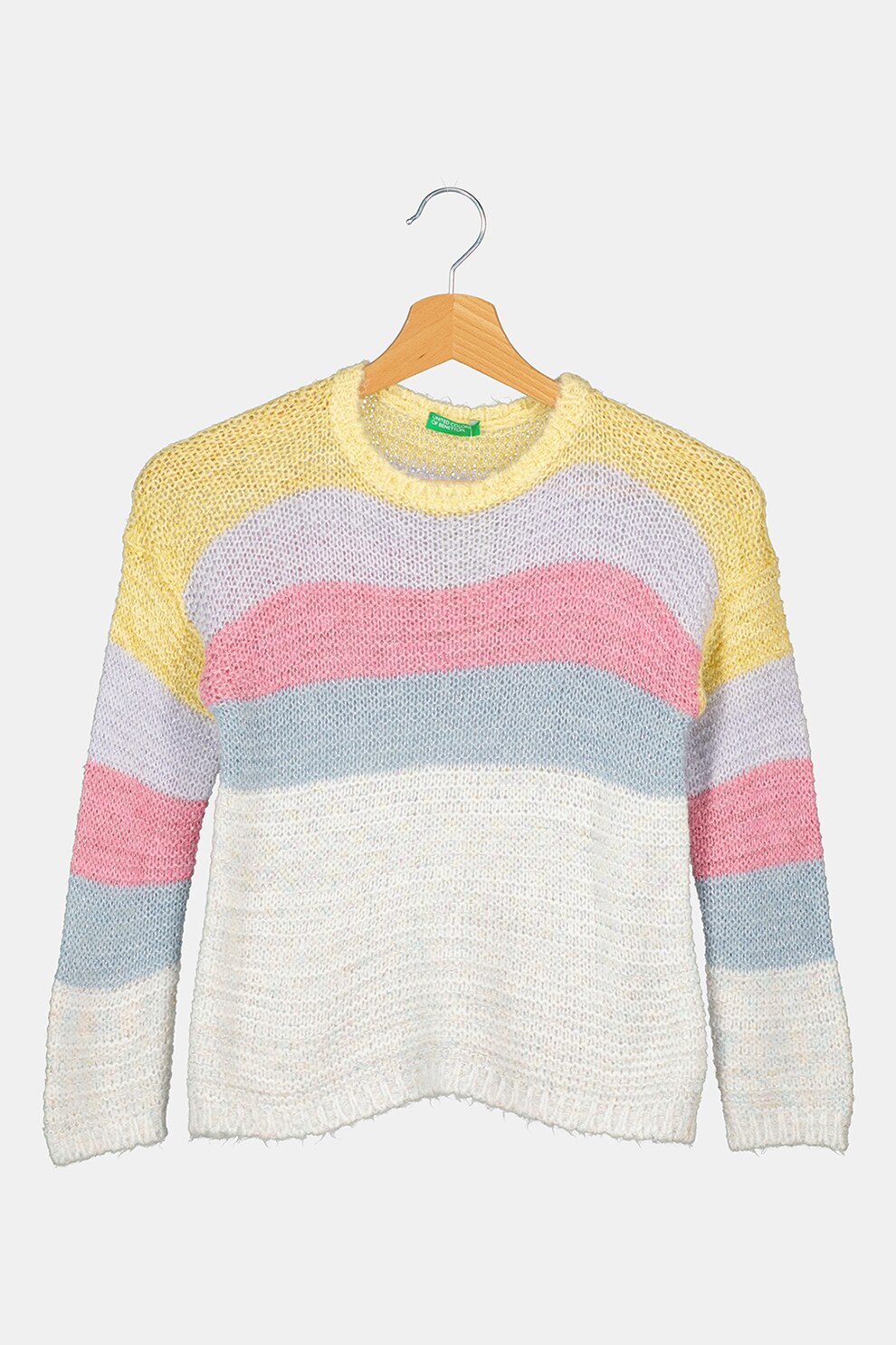 United Colors of Benetton, Pulover cu model colorblock si maneci cazute, Albastru prafuit/galben/roz