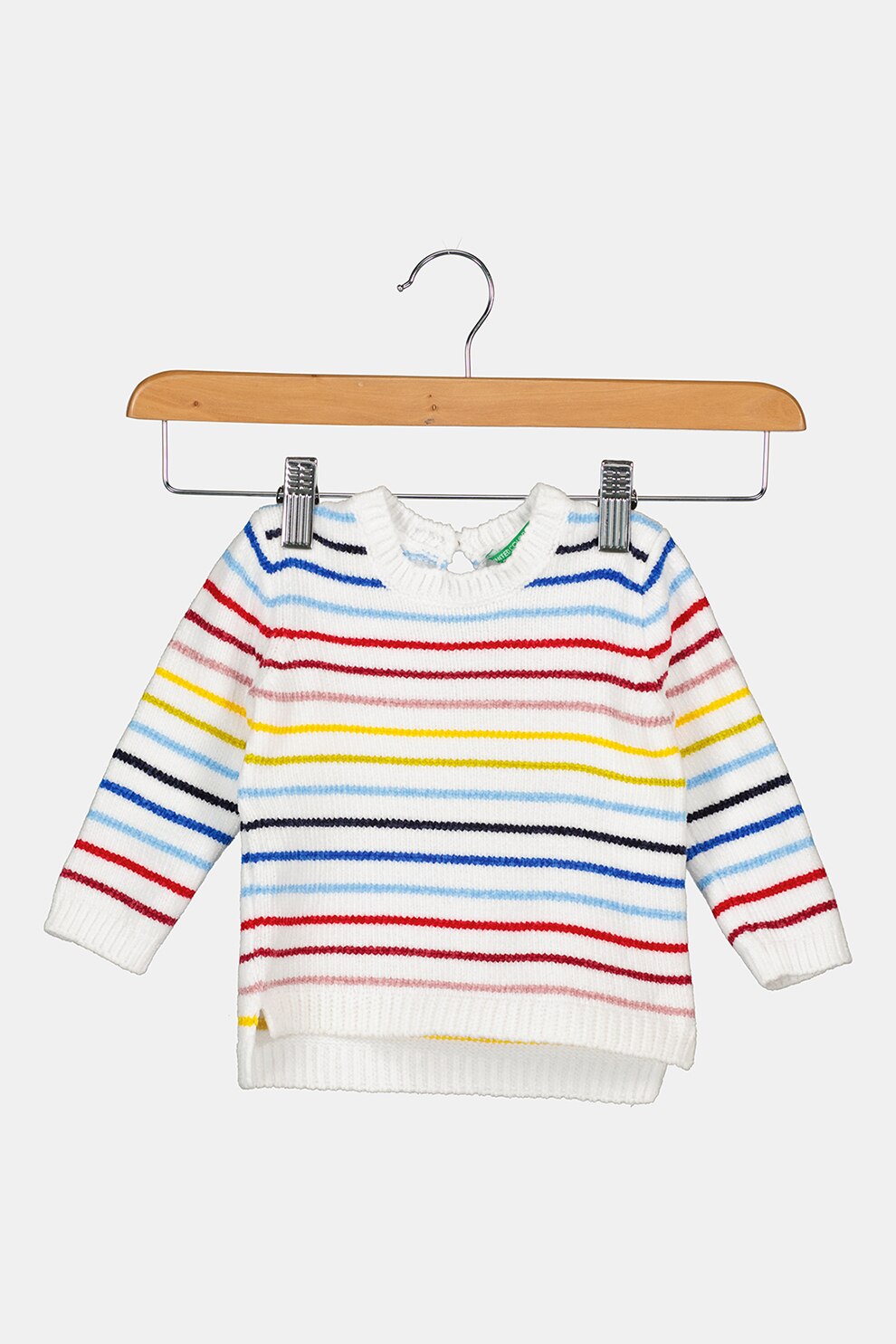 United Colors of Benetton, Pulover cu decolteu la baza gatului si model in dungi, Alb/Albastru/Rosu