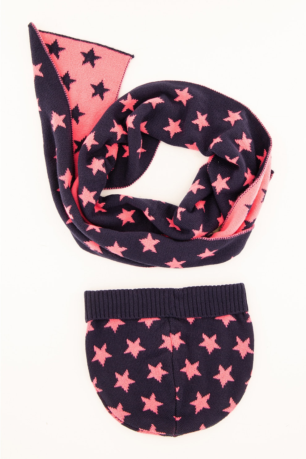 United Colors of Benetton, Set de fular si caciula cu imprimeu cu stele, Bleumarin/Roz, 9-12M Standard