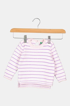 United Colors of Benetton, Pulover cu decolteu la baza gatului si model in dungi, Alb/roz/lila United Colors of Benetton, Pulover cu decolteu la baza gatului si model in dungi, Alb/roz/lila