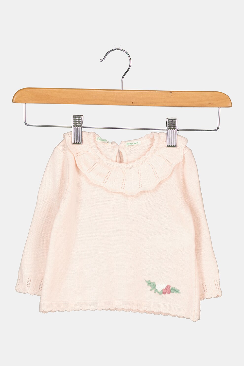 United Colors of Benetton, Pulover din amestec de lana cu guler cu volane, Roz pal