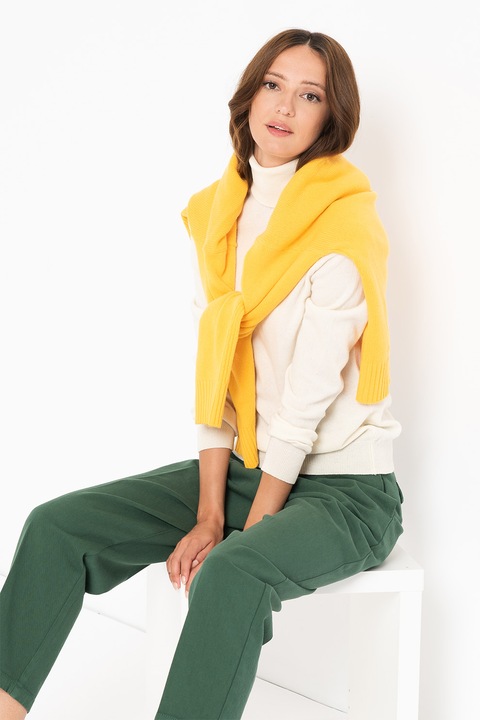 United Colors of Benetton, Pulover de lana virgina cu guler inalt, Alb murdar