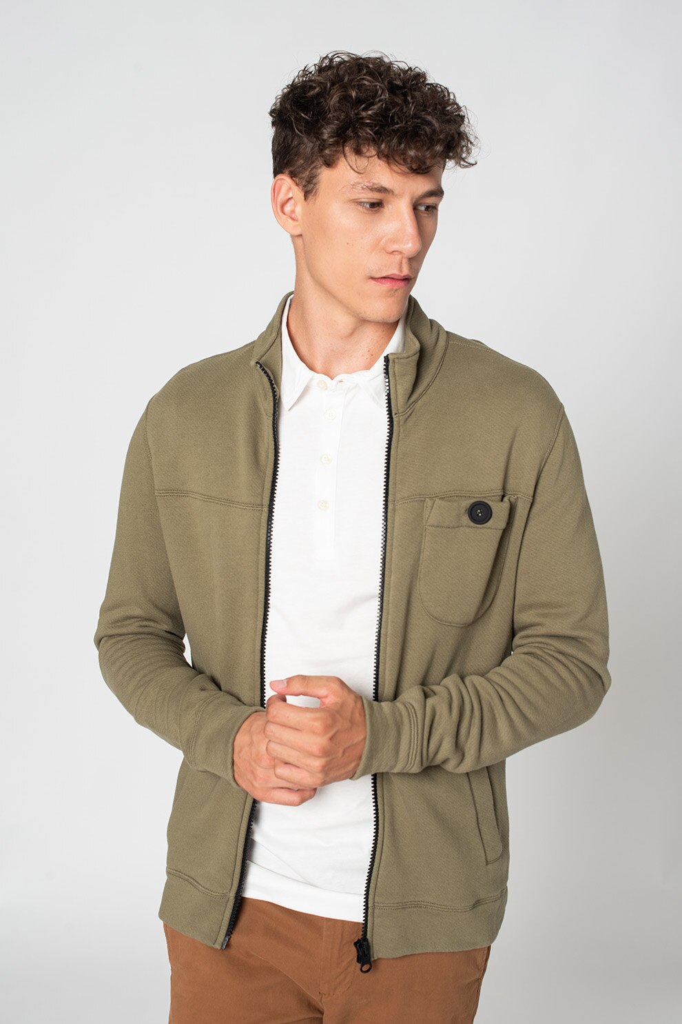 United Colors of Benetton, Bluza sport cu fermoar si buzunar pe piept, Verde militar