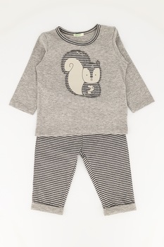 United Colors of Benetton, Pijama lunga de bumbac cu imprimeu grafic, Gri melange United Colors of Benetton, Pijama lunga de bumbac cu imprimeu grafic, Gri melange