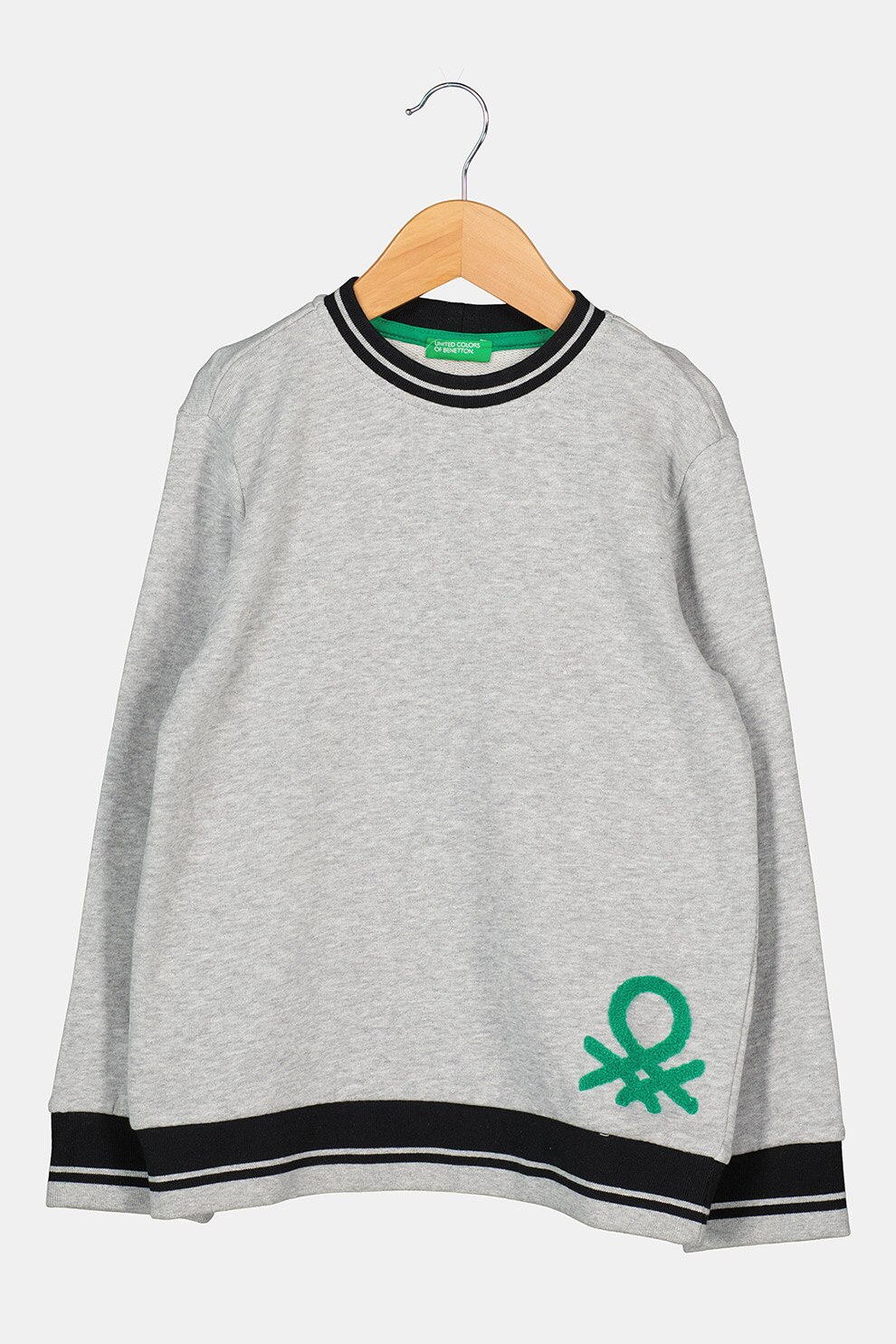 United Colors of Benetton, Bluza de bumbac cu decolteu la baza gatului si logo, Gri melange, 130 CM