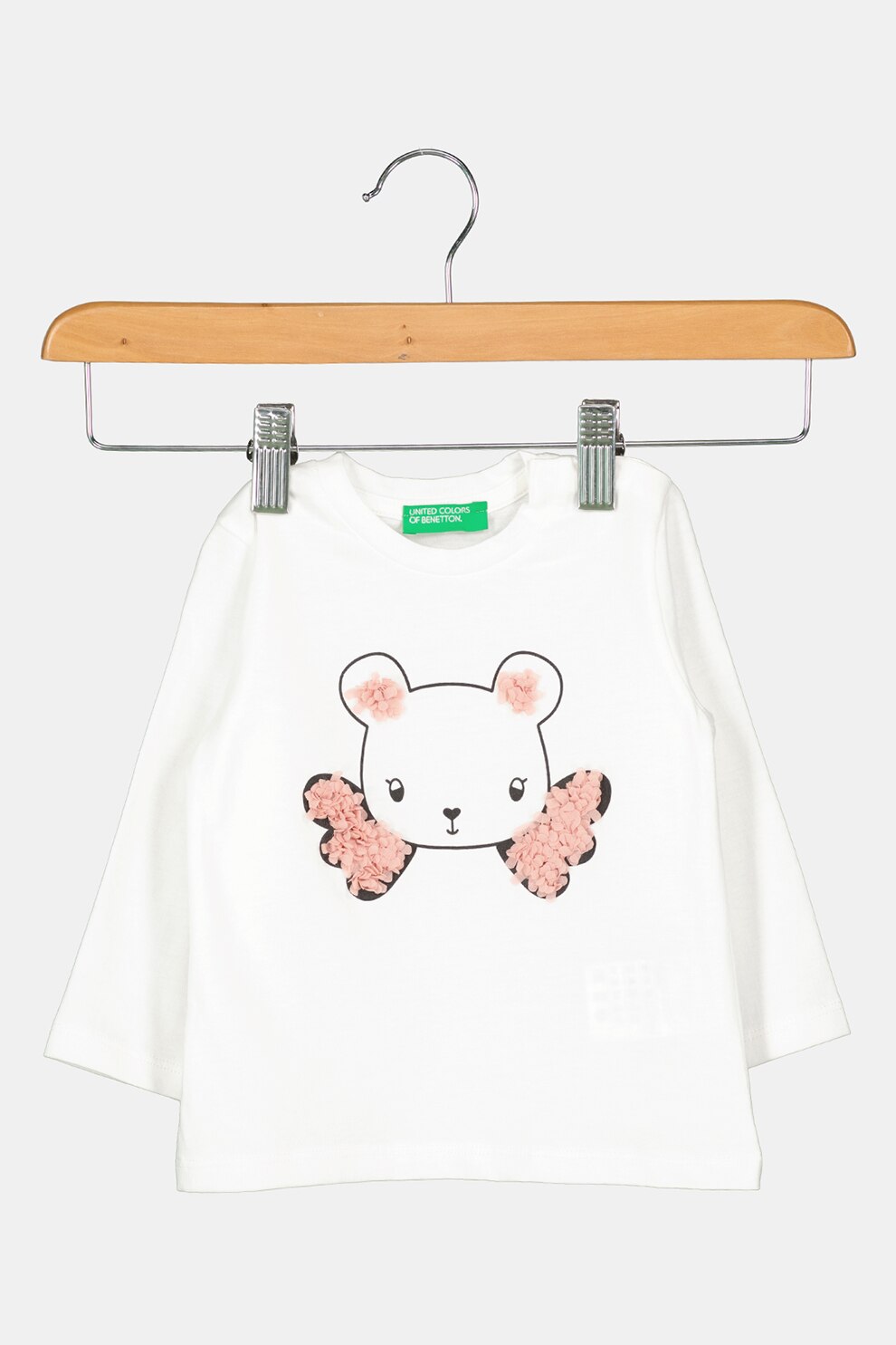 United Colors of Benetton, Bluza de bumbac cu aplicatie frontala, Alb/Roz prafuit