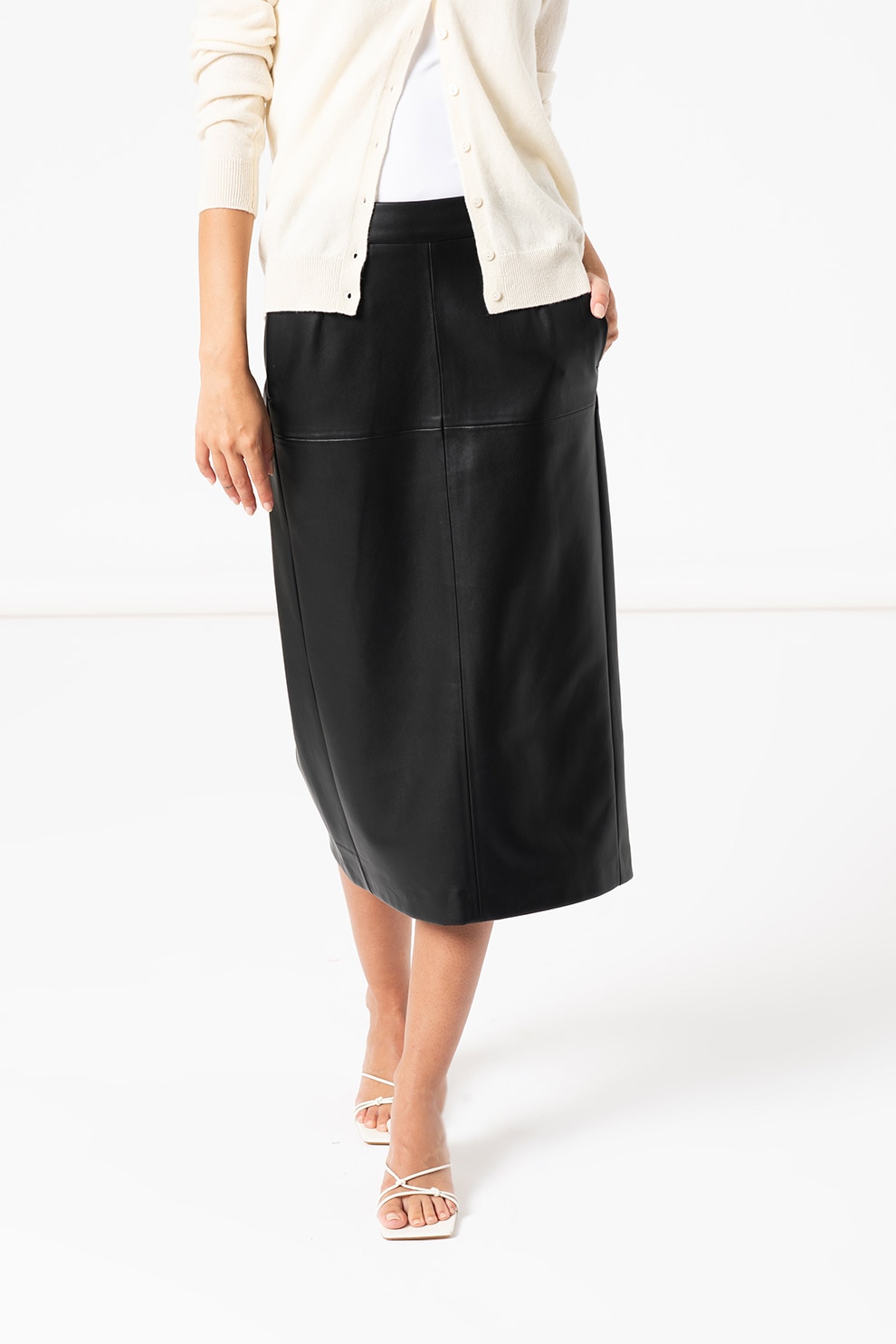 United Colors of Benetton, Fusta midi de piele ecologica, Negru