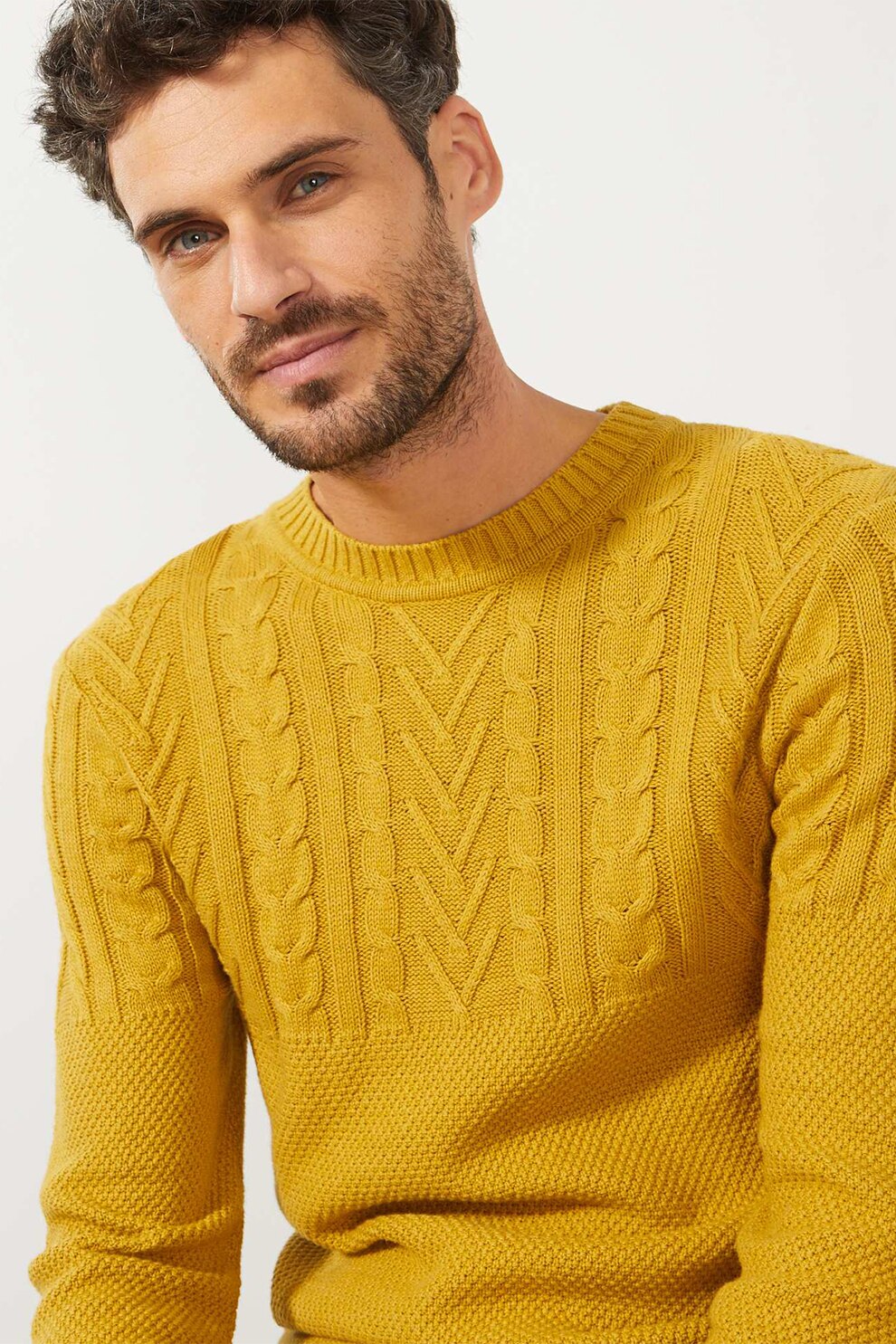 KIABI, Pulover cu decolteu la baza gatului si model torsade, Galben sofran