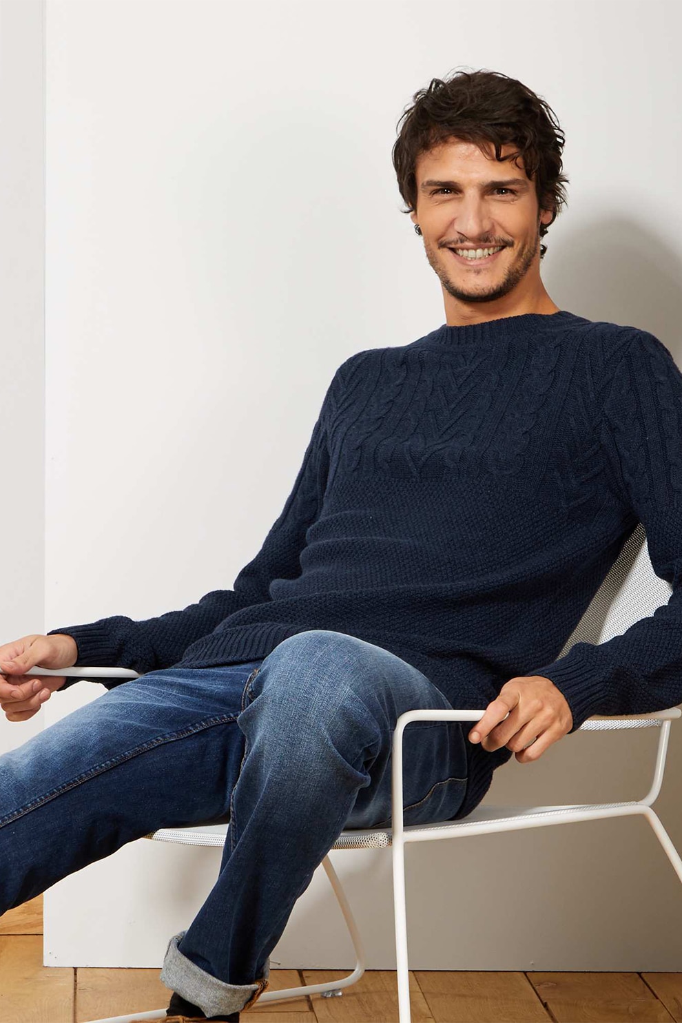 KIABI, Pulover cu decolteu la baza gatului si model torsade, Bleumarin