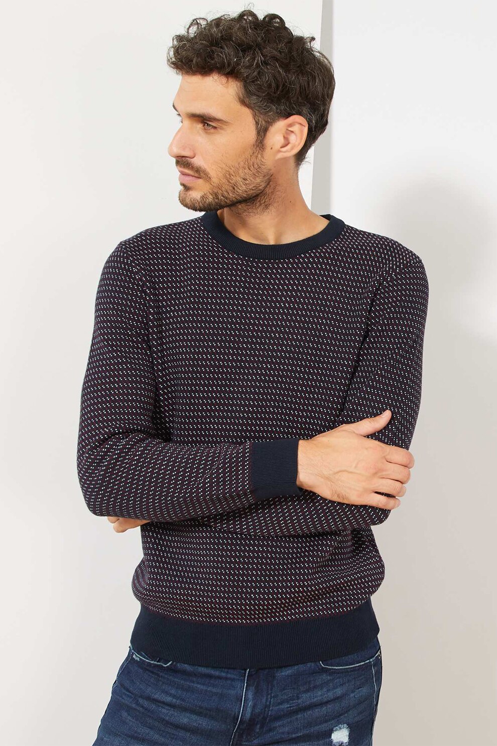 KIABI, Pulover cu decolteu la baza gatului si terminatii striate, Bleumarin