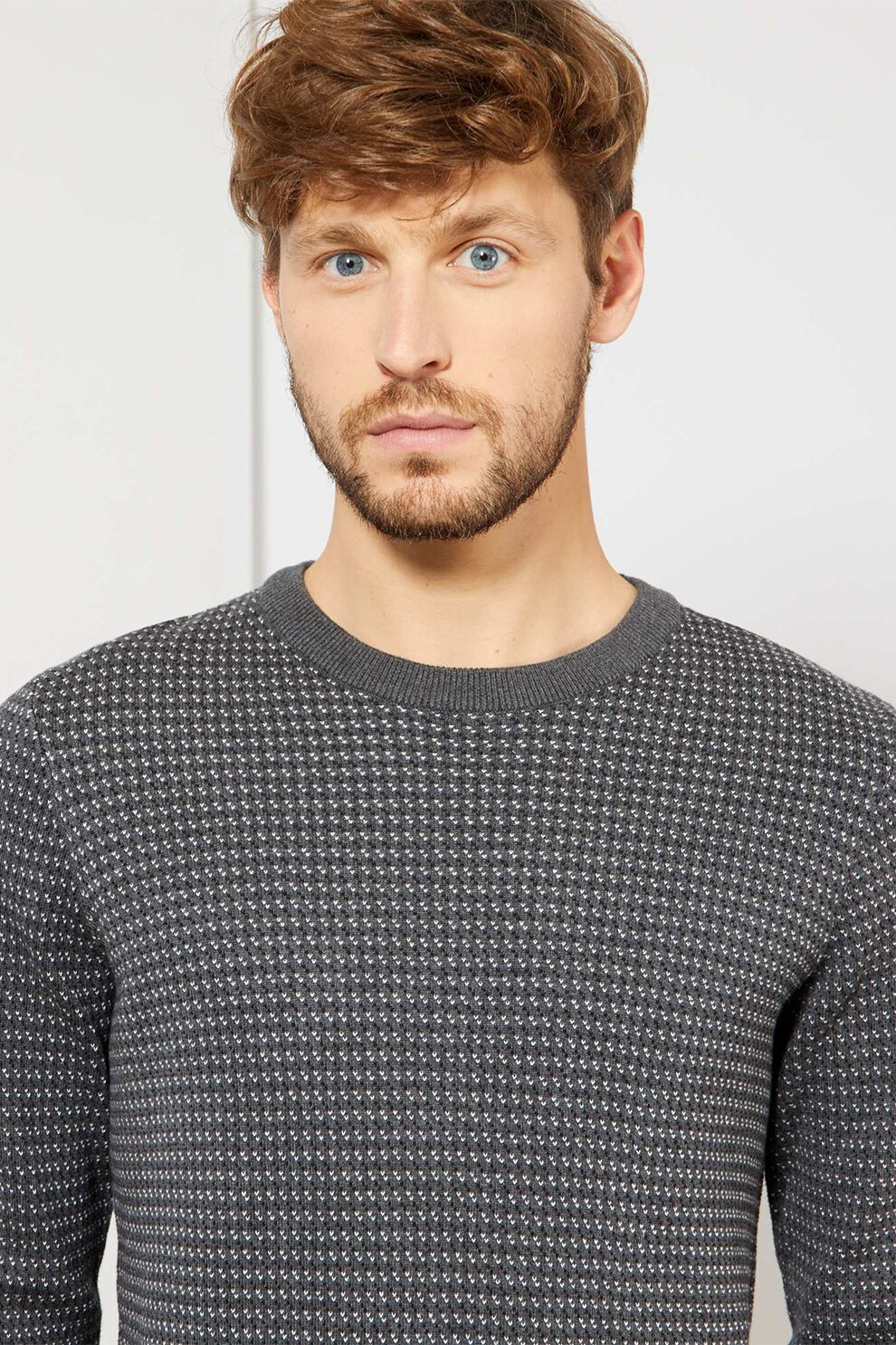 KIABI, Pulover cu decolteu la baza gatului si terminatii striate, Gri melange