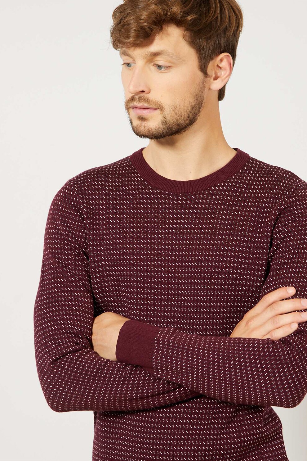 KIABI, Pulover cu decolteu la baza gatului si terminatii striate, Visiniu