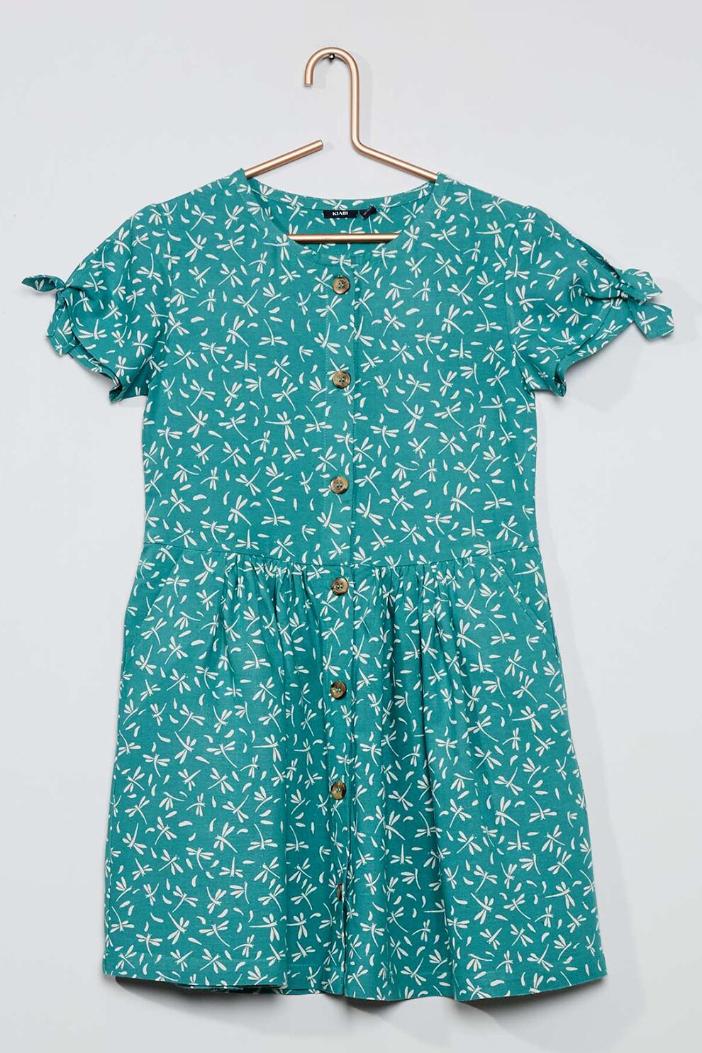 KIABI, Rochie evazata din amestec de in cu imprimeu floral, Verde persan