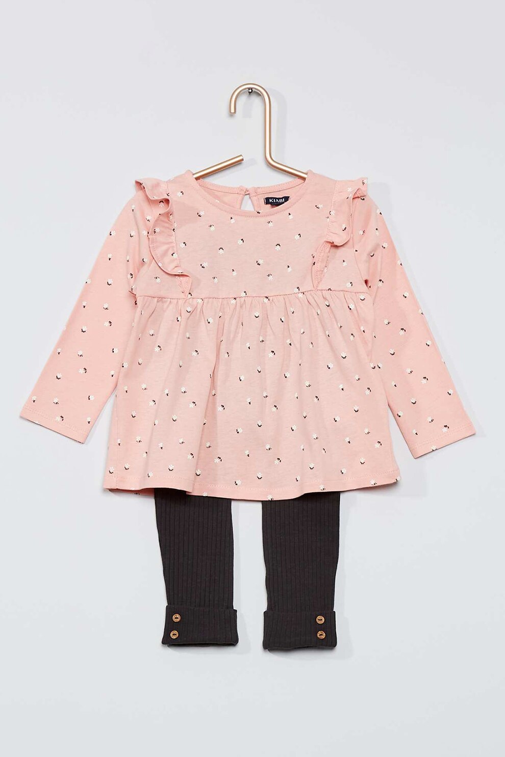 KIABI, Set de rochie si colanti cu imprimeu - 2 piese, Roz pastel/Negru